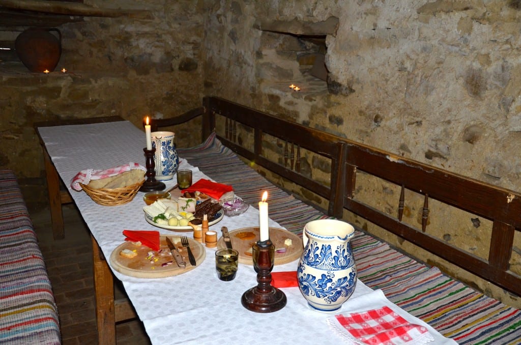 Tasting typical food for Romanian villagers Fortified church Romania